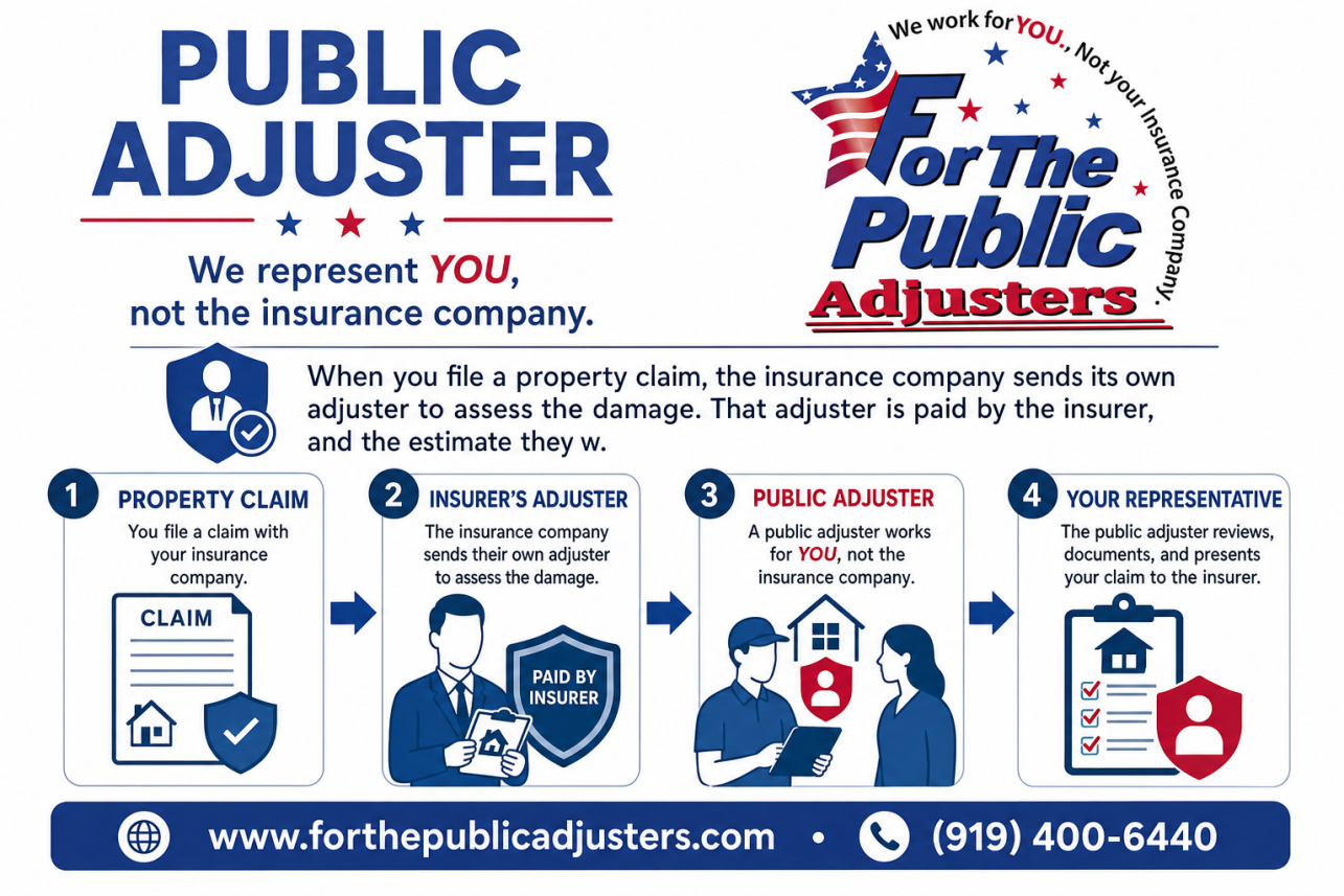 Public Adjuster Hillsborough, NC Infographic — When you file a property claim, the insurance company sends its own adjuster to assess the damage. That adjuster is paid by the insurer, and the estimate they w.