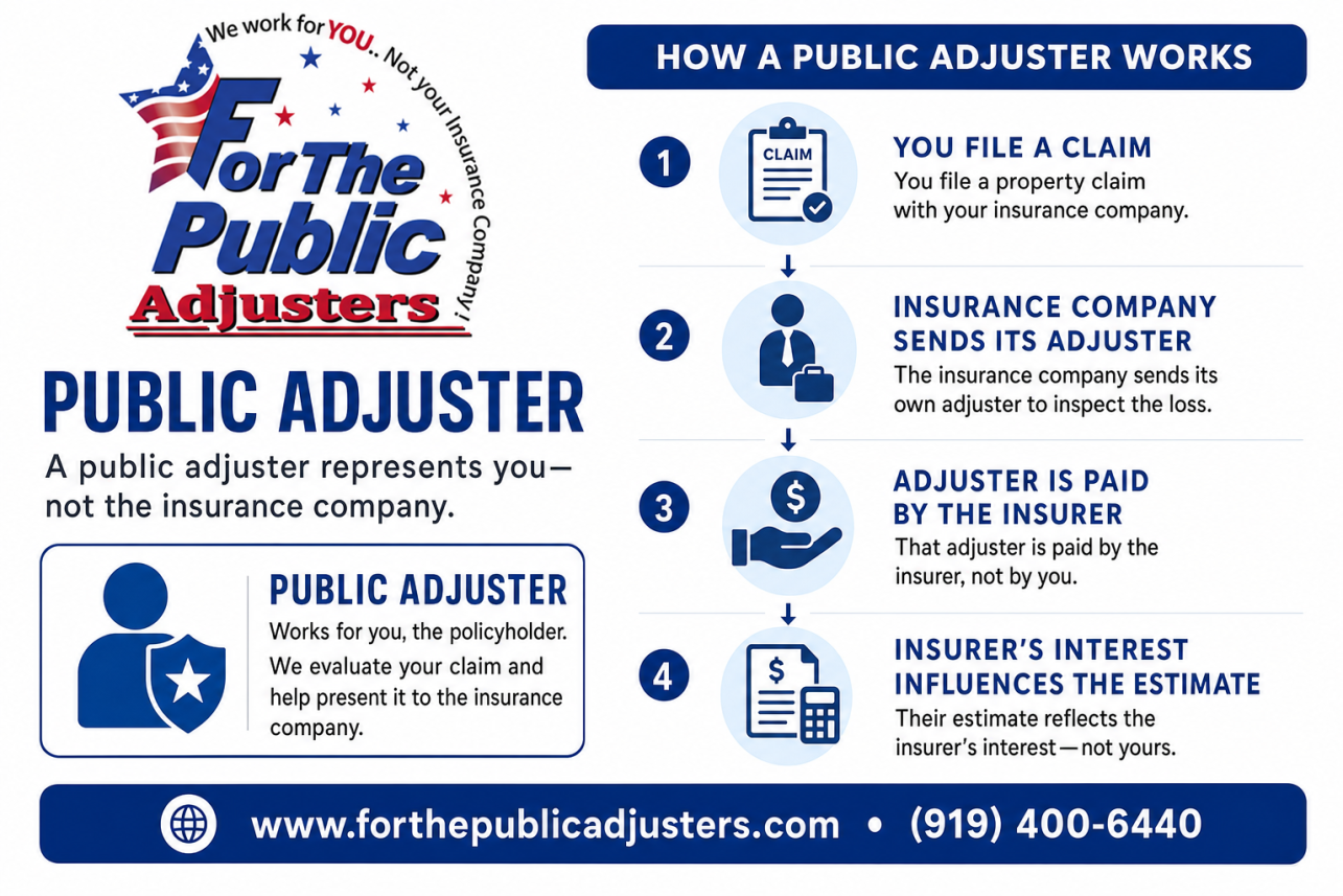 Public Adjuster Holly Springs, NC Infographic — When you file a property claim, the insurance company sends its own adjuster. That adjuster is paid by the insurer, and their estimate reflects the insurer's in.