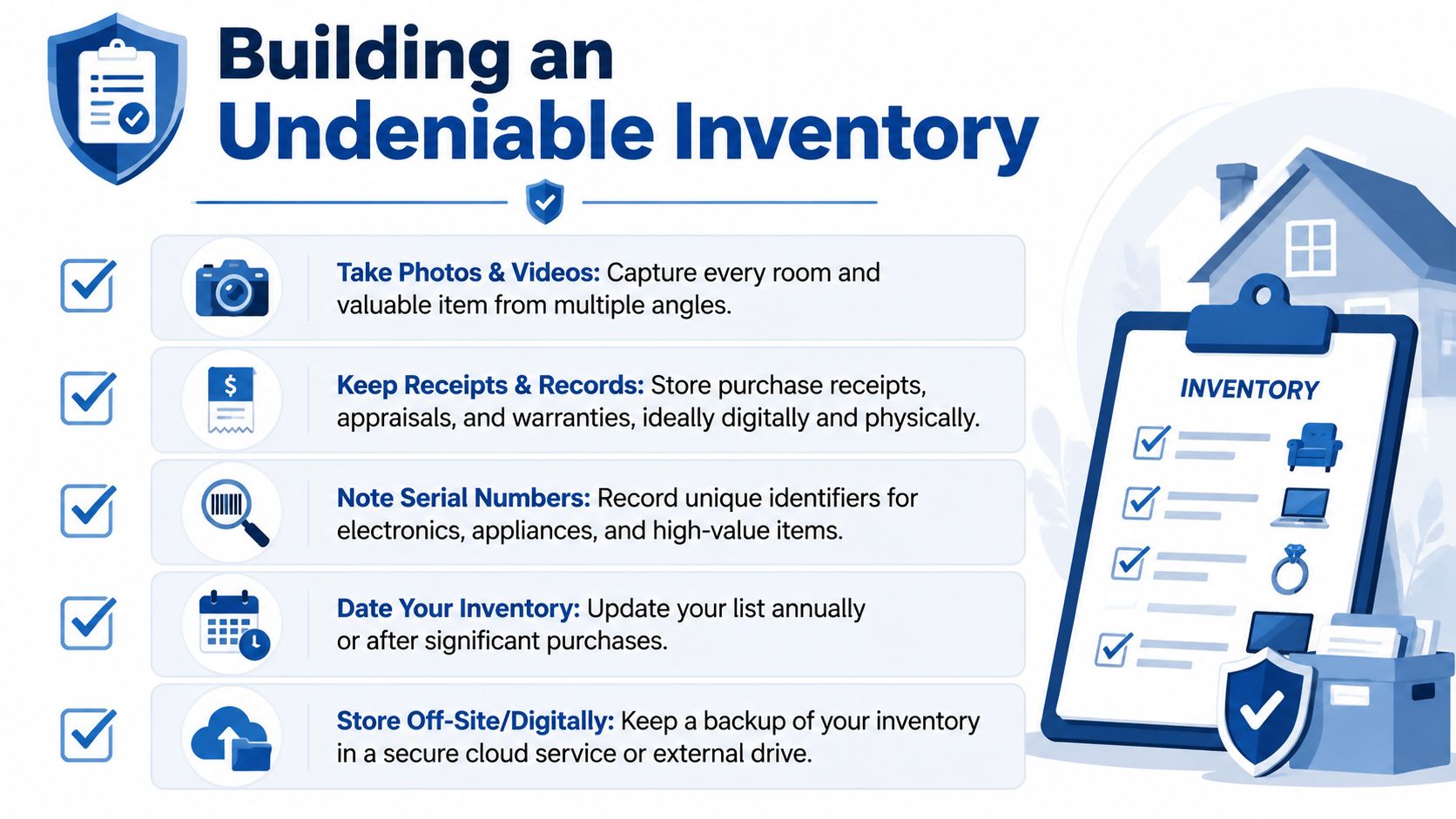 A checklist infographic titled Building an Undeniable Inventory, showing five key steps for documenting home contents for insurance.
