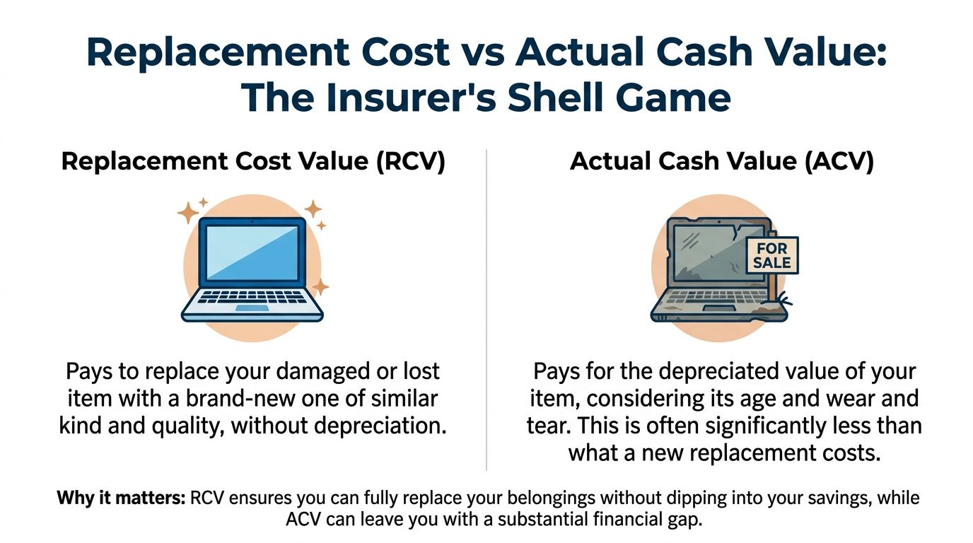 An infographic comparing Replacement Cost Value and Actual Cash Value for insurance coverage policies.