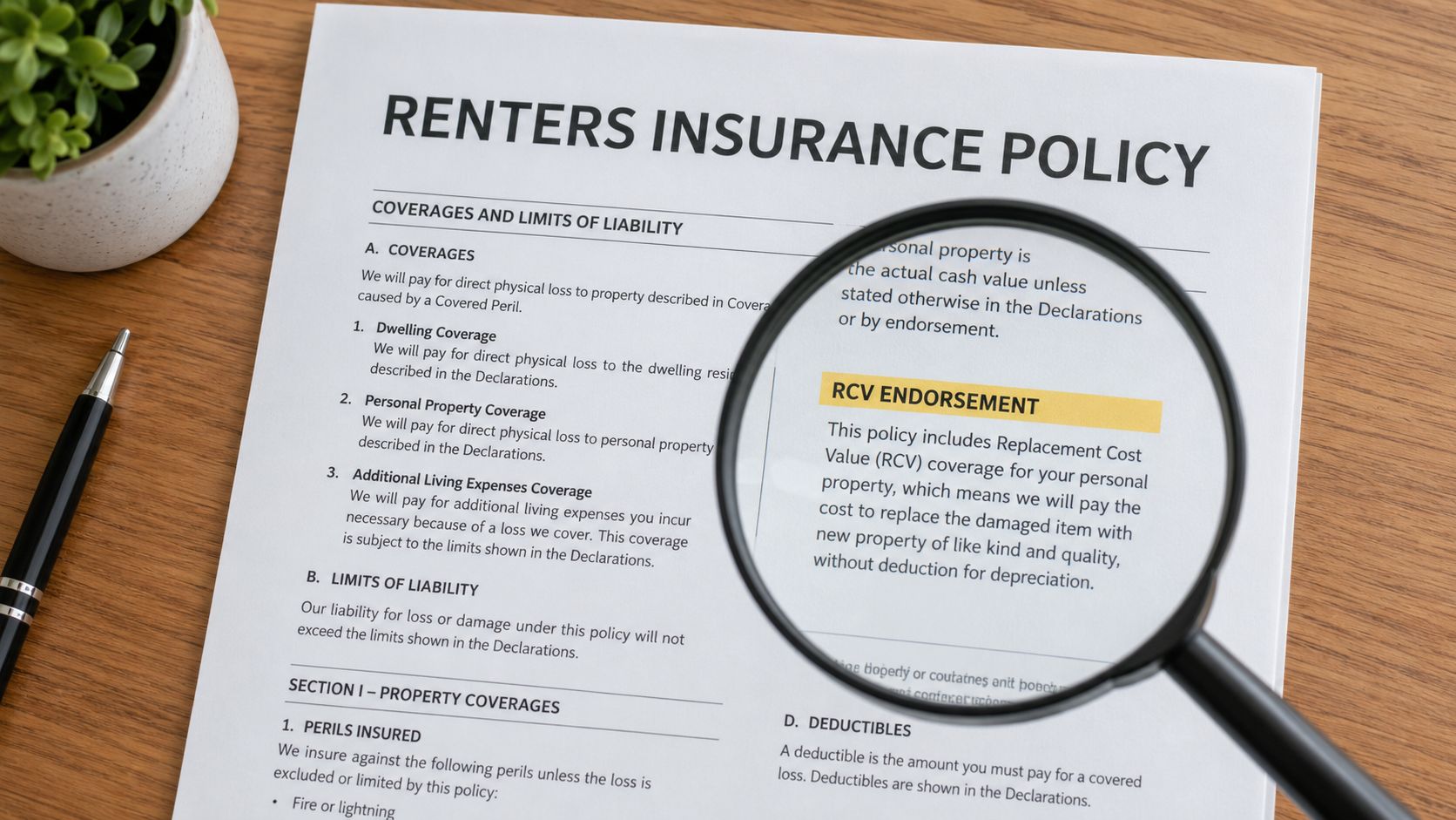 A magnifying glass placed over a renters insurance document highlighting the replacement cost value endorsement clause.