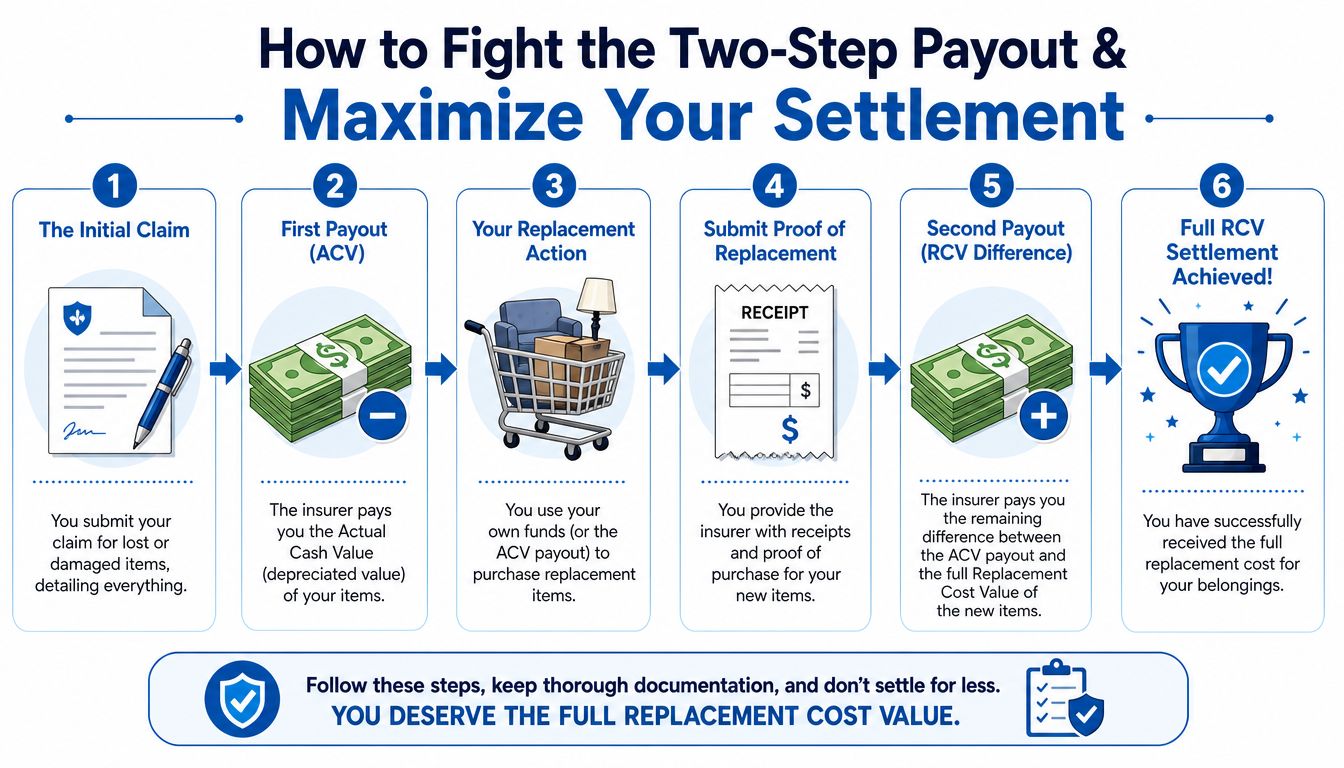 A six-step infographic explaining how to manage the two-step insurance payout process to receive full replacement cost value.