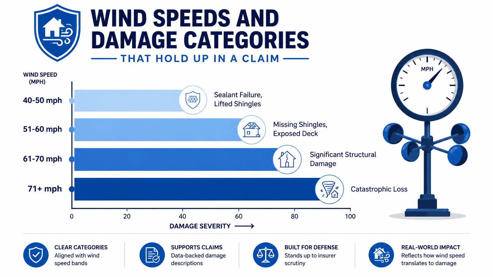 A chart showing wind speed ranges and their corresponding levels of roof damage for insurance claims.