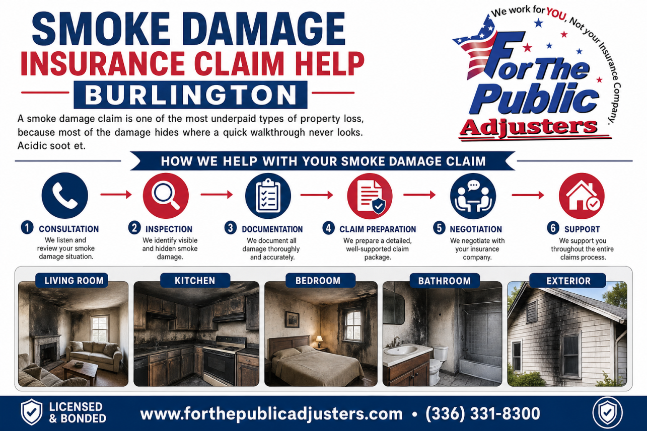 Smoke Damage Insurance Claim Help Burlington Infographic — A smoke damage claim is one of the most underpaid types of property loss, because most of the damage hides where a quick walkthrough never looks. Acidic soot et.
