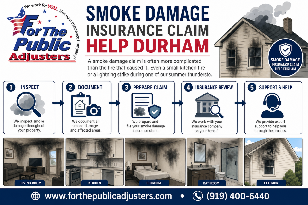 Smoke Damage Insurance Claim Help Durham Infographic — A smoke damage claim is often more complicated than the fire that caused it. Even a small kitchen fire or a lightning strike during one of our summer thundersto.