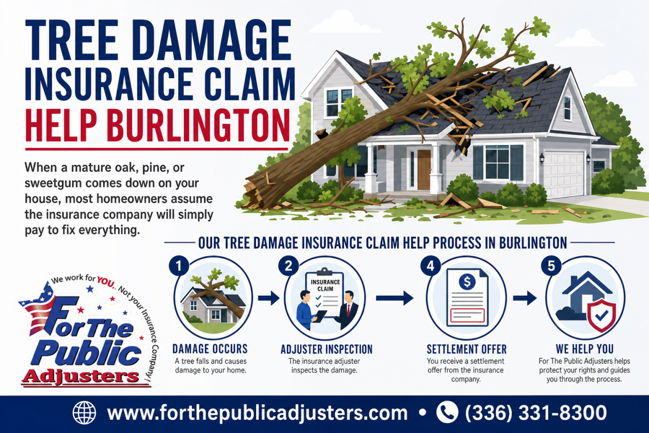 Tree Damage Insurance Claim Help Burlington Infographic — When a mature oak, pine, or sweetgum comes down on your house, most homeowners assume the insurance company will simply pay to fix everything. In reality, the i.