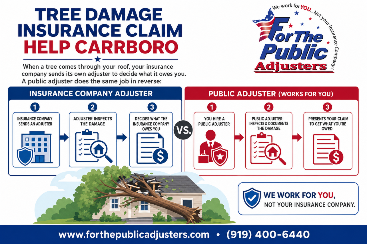 Tree Damage Insurance Claim Help Carrboro Infographic — When a tree comes through your roof, your insurance company sends its own adjuster to decide what it owes you. A public adjuster does the same job in reverse: w.