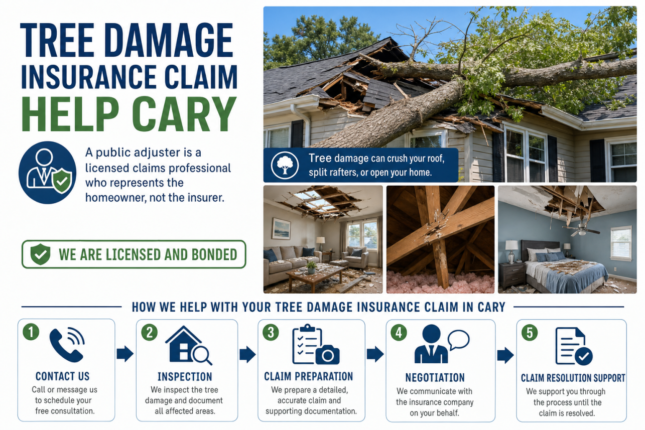 Tree Damage Insurance Claim Help Cary Infographic — A public adjuster is a licensed claims professional who represents the homeowner, not the insurer. When a tree crushes your roof, splits rafters, or opens your.