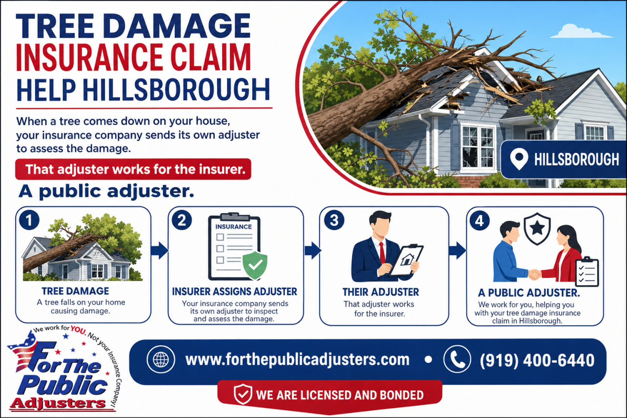 Tree Damage Insurance Claim Help Hillsborough Infographic — When a tree comes down on your house, your insurance company sends its own adjuster to assess the damage. That adjuster works for the insurer. A public adjuster.