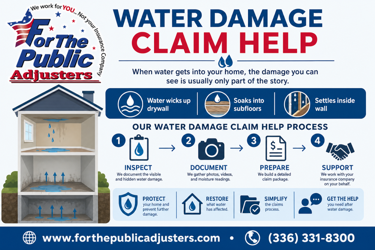 Water Damage Claim Help Burlington, NC Infographic — When water gets into your home, the damage you can see is usually only part of the story. Water wicks up drywall, soaks into subfloors, and settles inside wall.