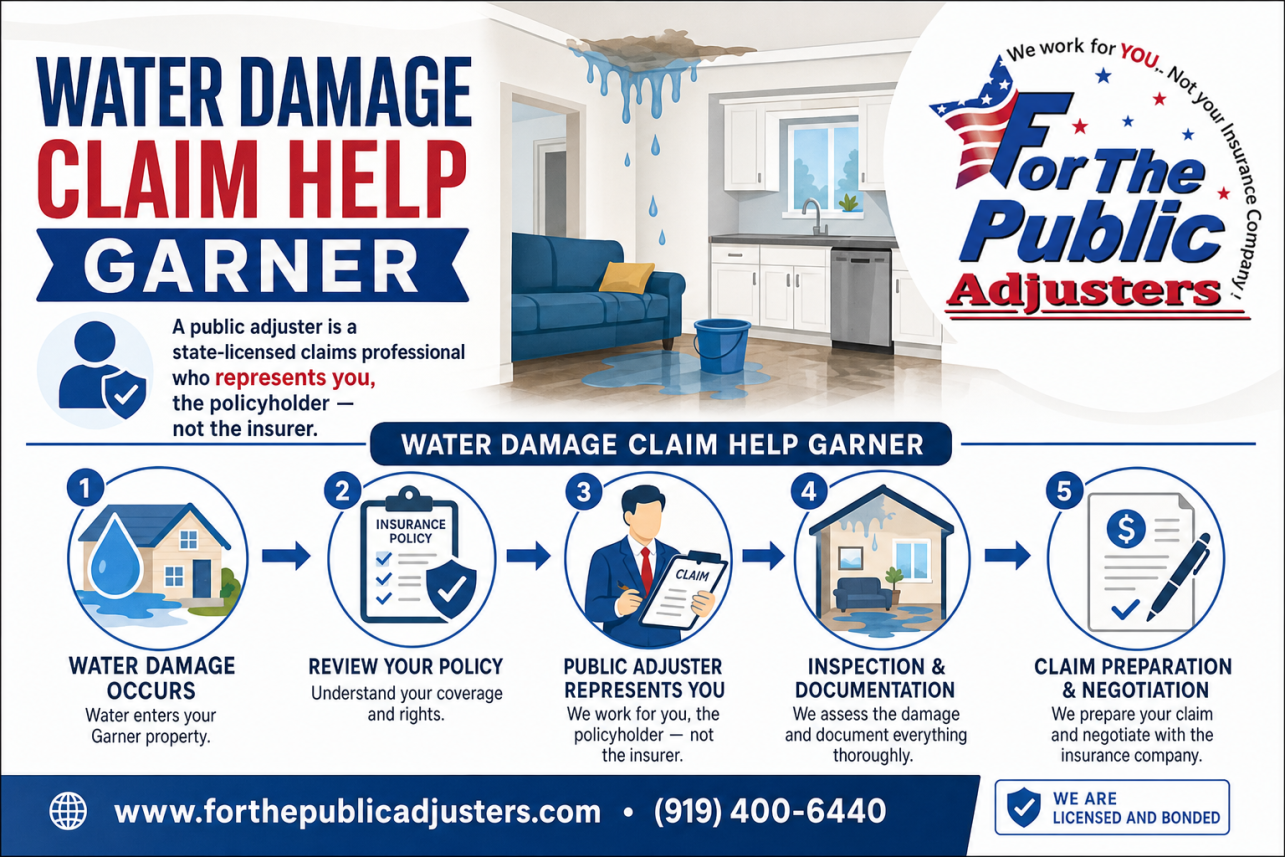 Water Damage Claim Help Garner, NC Infographic — A public adjuster is a state-licensed claims professional who represents you, the policyholder — not the insurer. When water gets into your Garner home, the ins.
