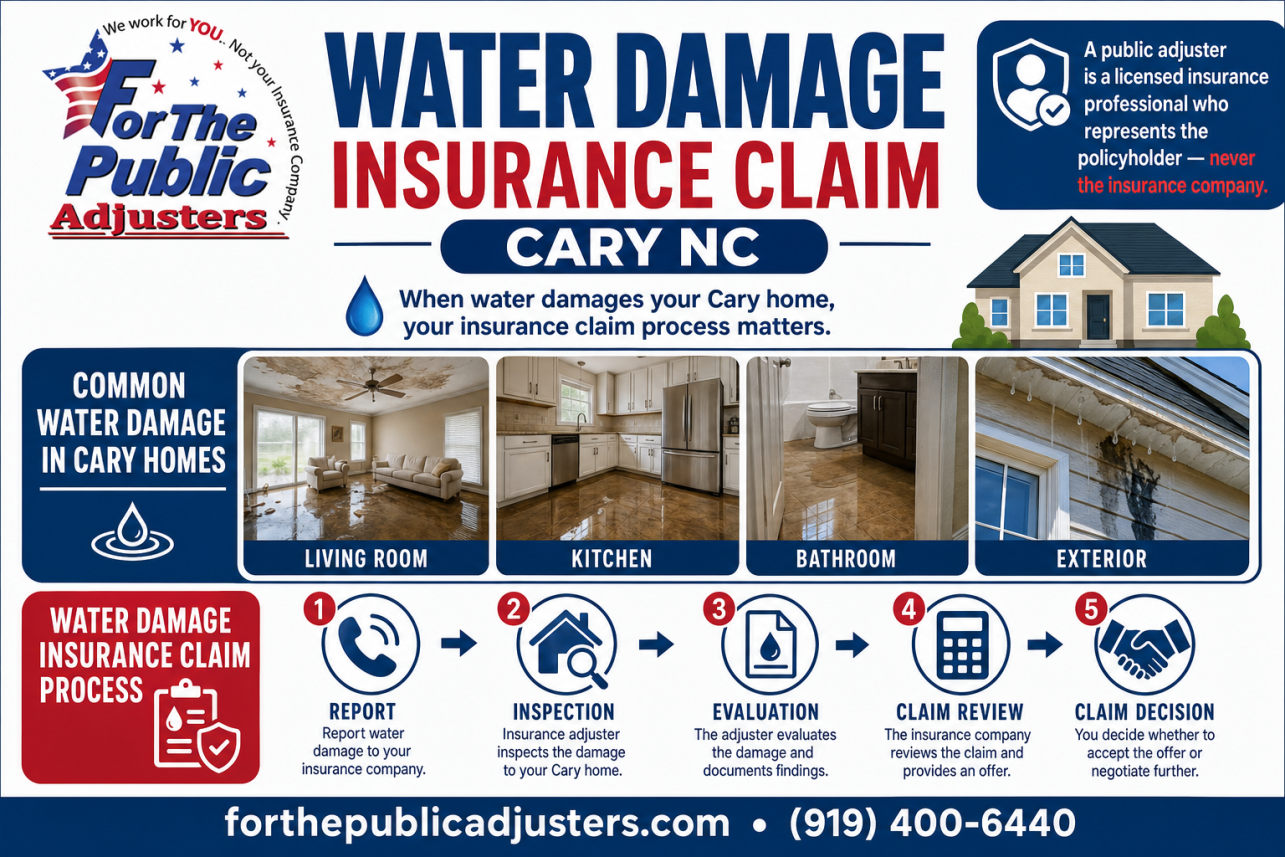 Water Damage Insurance Claim Cary NC Infographic — A public adjuster is a licensed insurance professional who represents the policyholder — never the insurance company. When water damages your Cary home, your in.