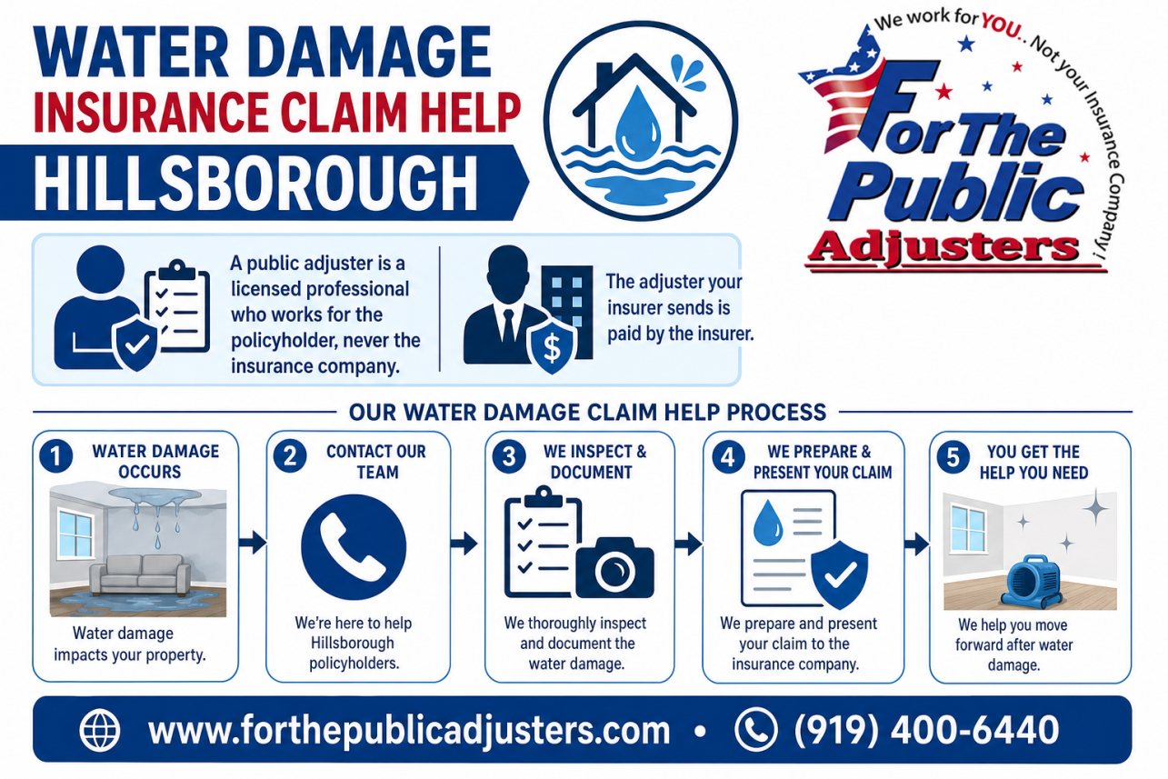 Water Damage Insurance Claim Help Hillsborough Infographic — A public adjuster is a licensed professional who works for the policyholder, never the insurance company. The adjuster your insurer sends is paid by the insurer.