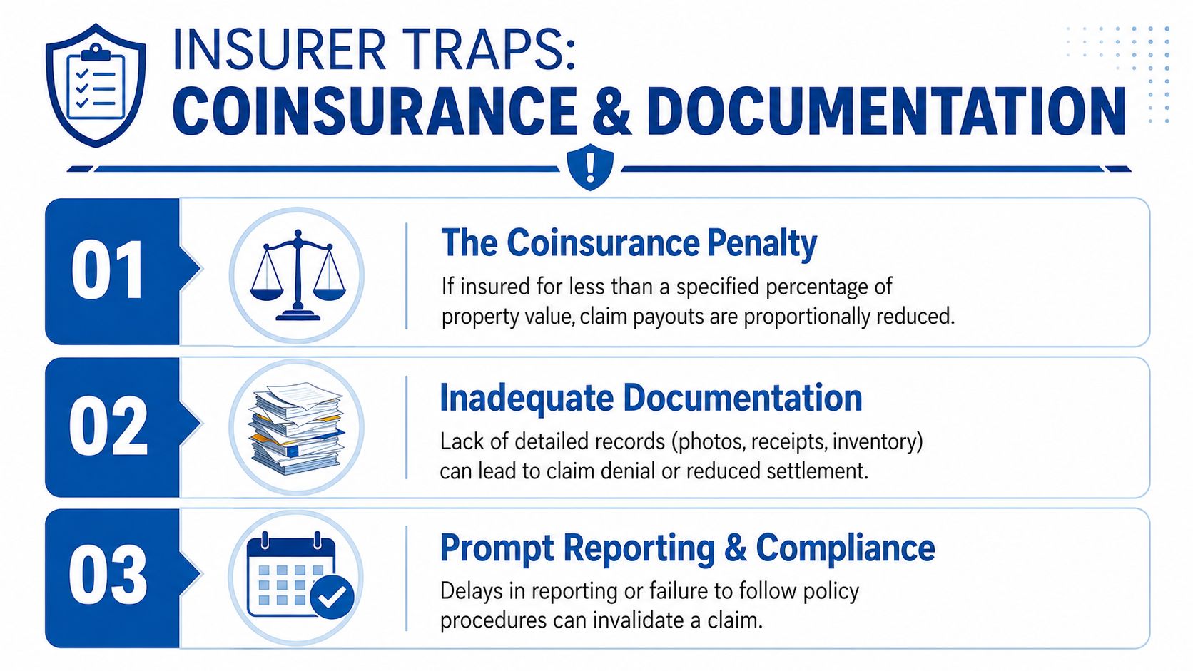 An infographic titled Insurer Traps listing coinsurance penalties, inadequate documentation, and prompt reporting as critical insurance claim factors.