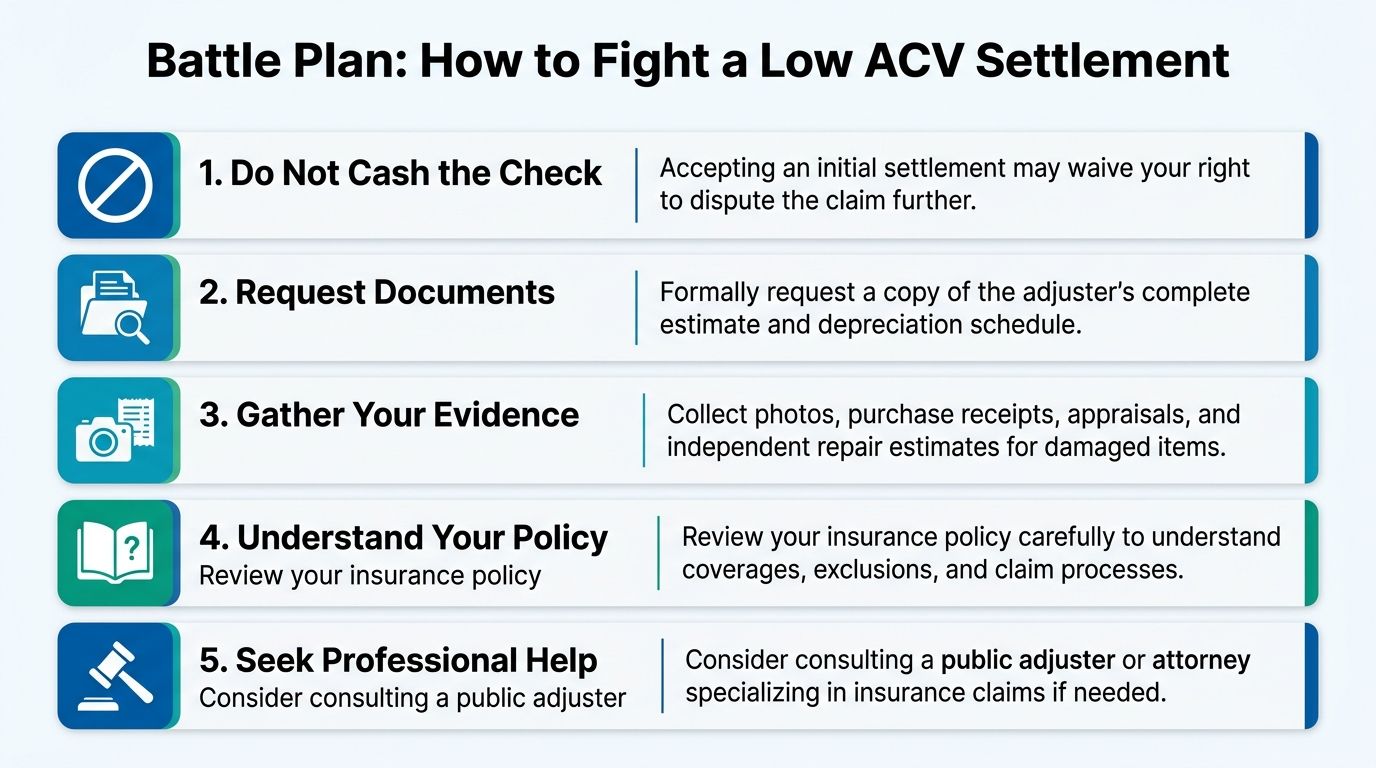 A five-step guide on how to challenge and fight a low actual cash value insurance settlement offer.
