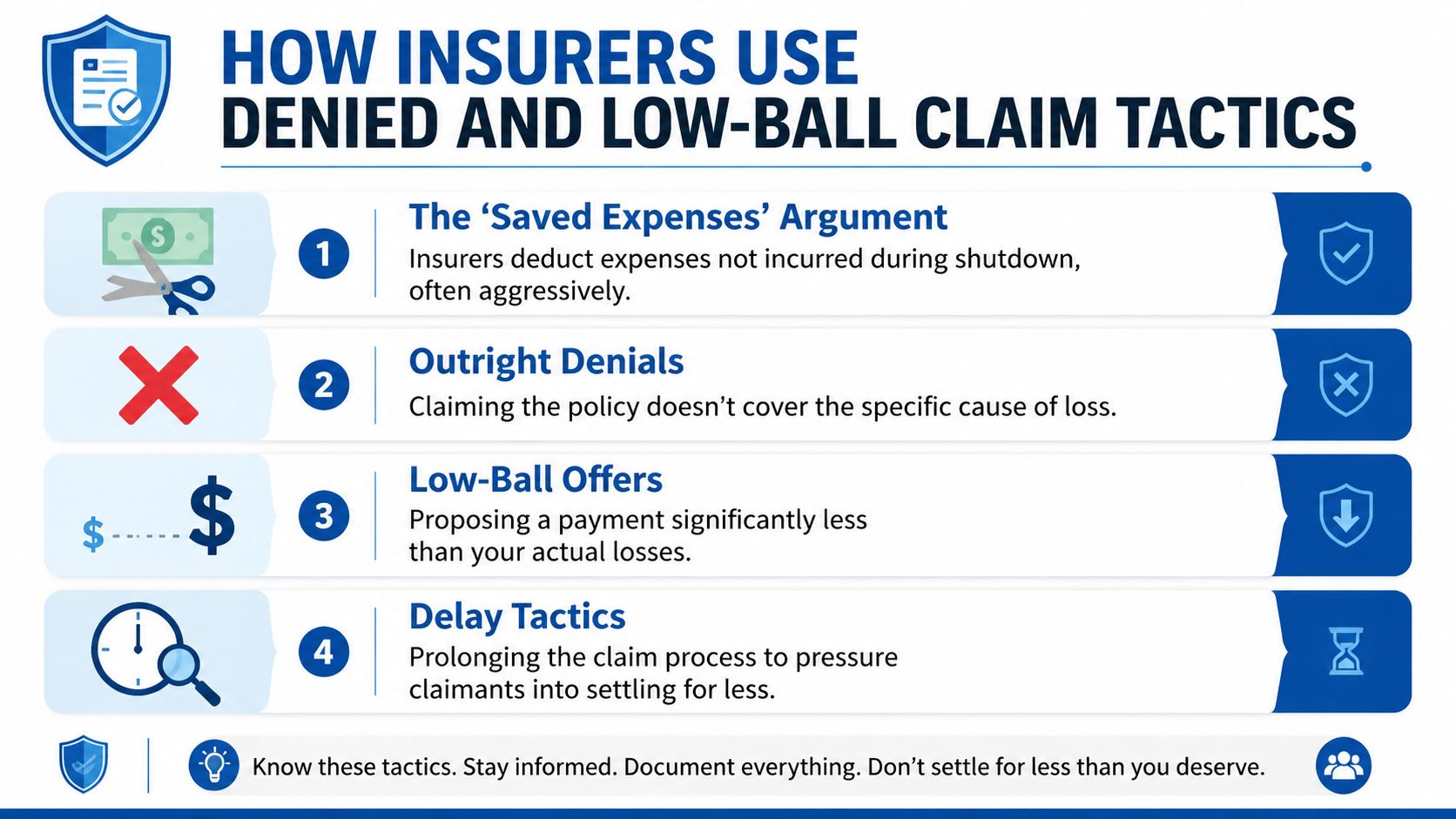 An infographic detailing common tactics used by insurance companies to deny or low-ball business income claims.