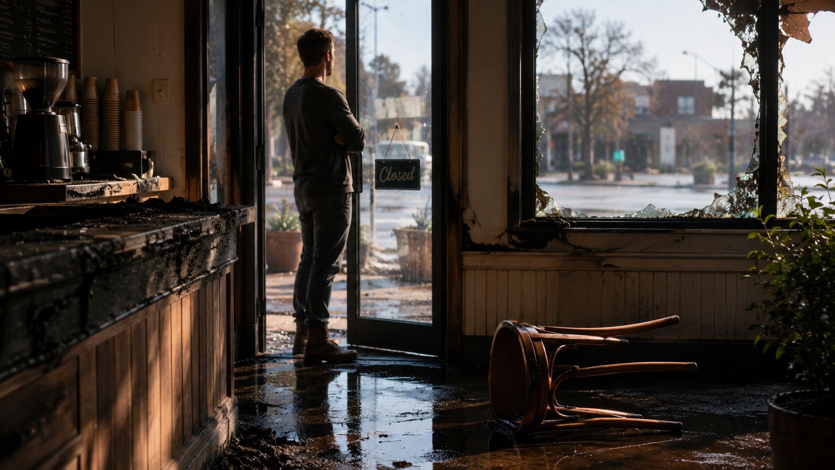 A man stands in a damaged, abandoned shop looking out through a broken window at the street.