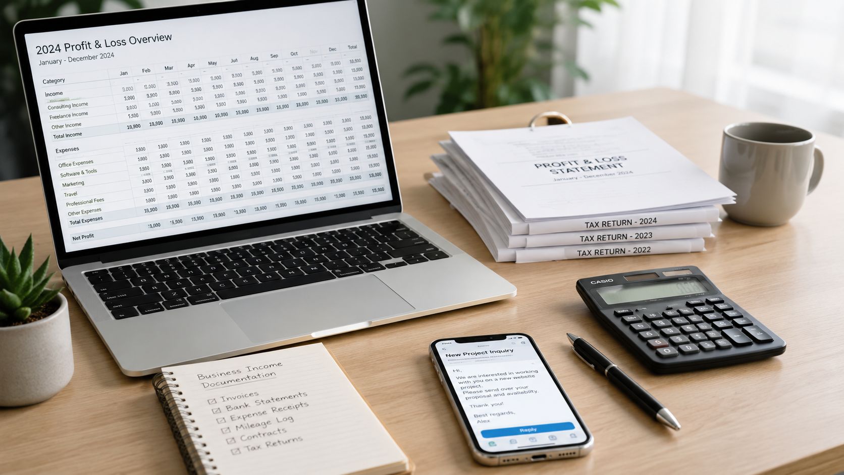 A modern workspace with a laptop displaying a profit and loss statement, tax documents, and a phone.