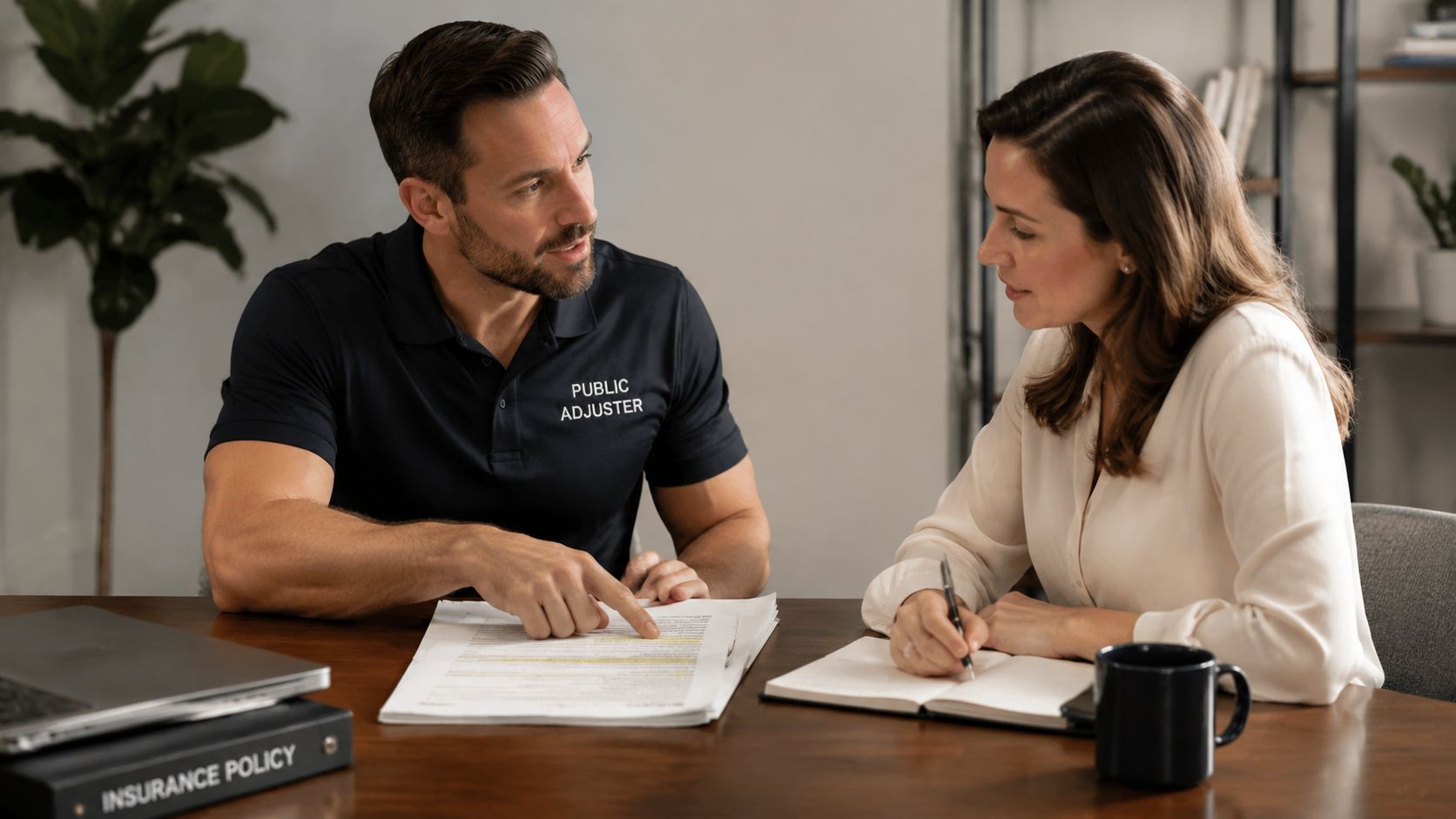 A professional public adjuster reviews insurance documents with a woman during a business consultation at a desk.