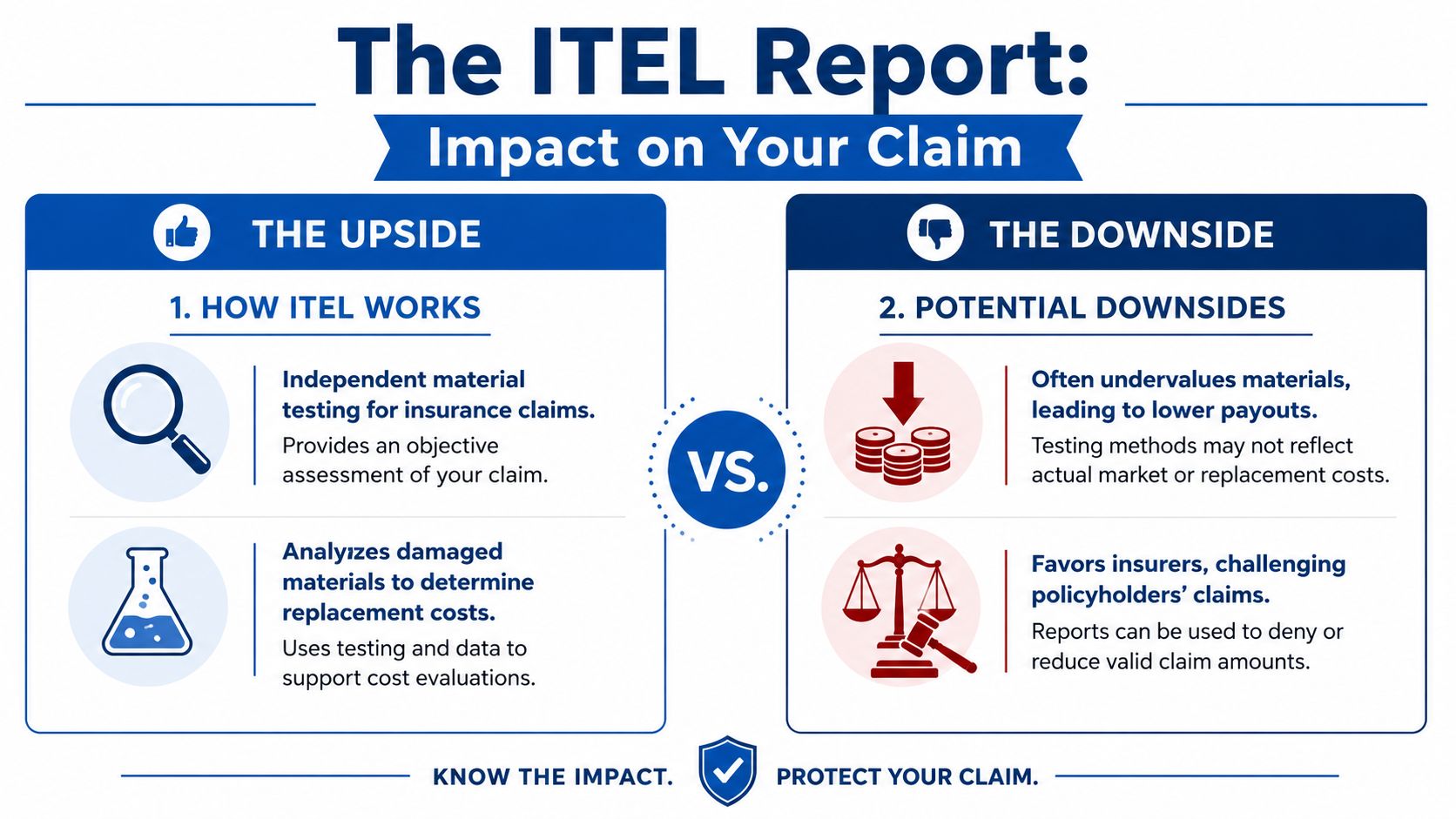 An infographic titled The ITEL Report explaining the potential benefits and drawbacks for insurance claim processes.
