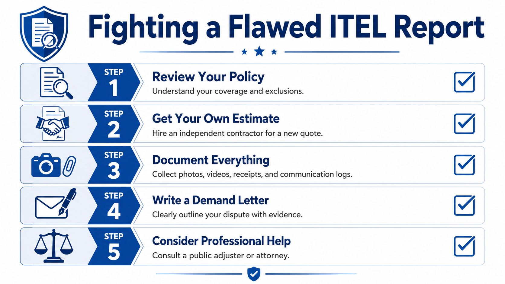 An infographic showing a five-step process for homeowners to contest an inaccurate ITEL insurance claim report.
