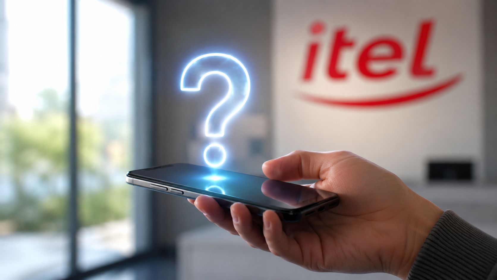 A hand holds a smartphone displaying a glowing neon blue question mark hologram in an office.