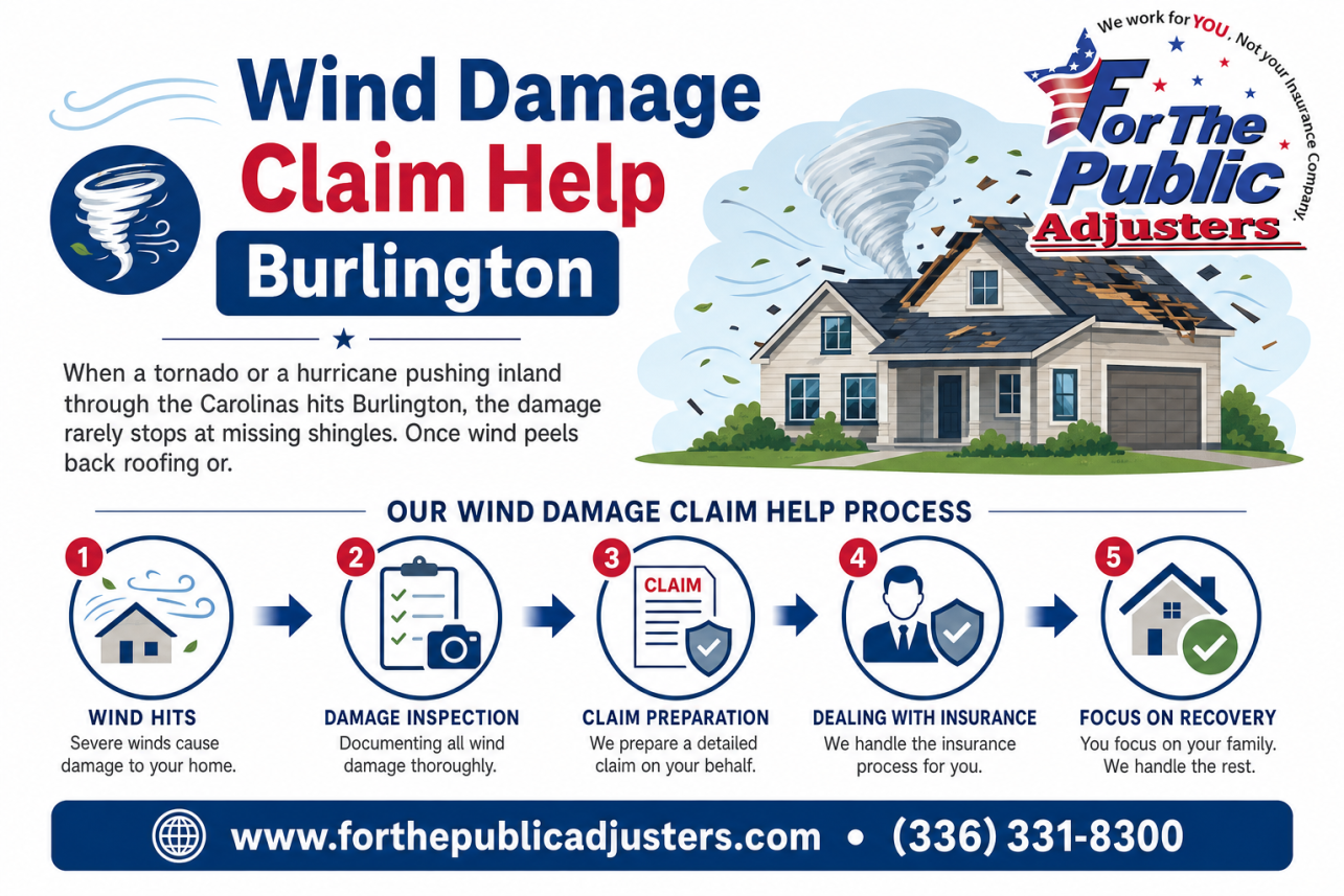 Wind Damage Claim Help Burlington, NC Infographic — When a tornado or a hurricane pushing inland through the Carolinas hits Burlington, the damage rarely stops at missing shingles. Once wind peels back roofing or.