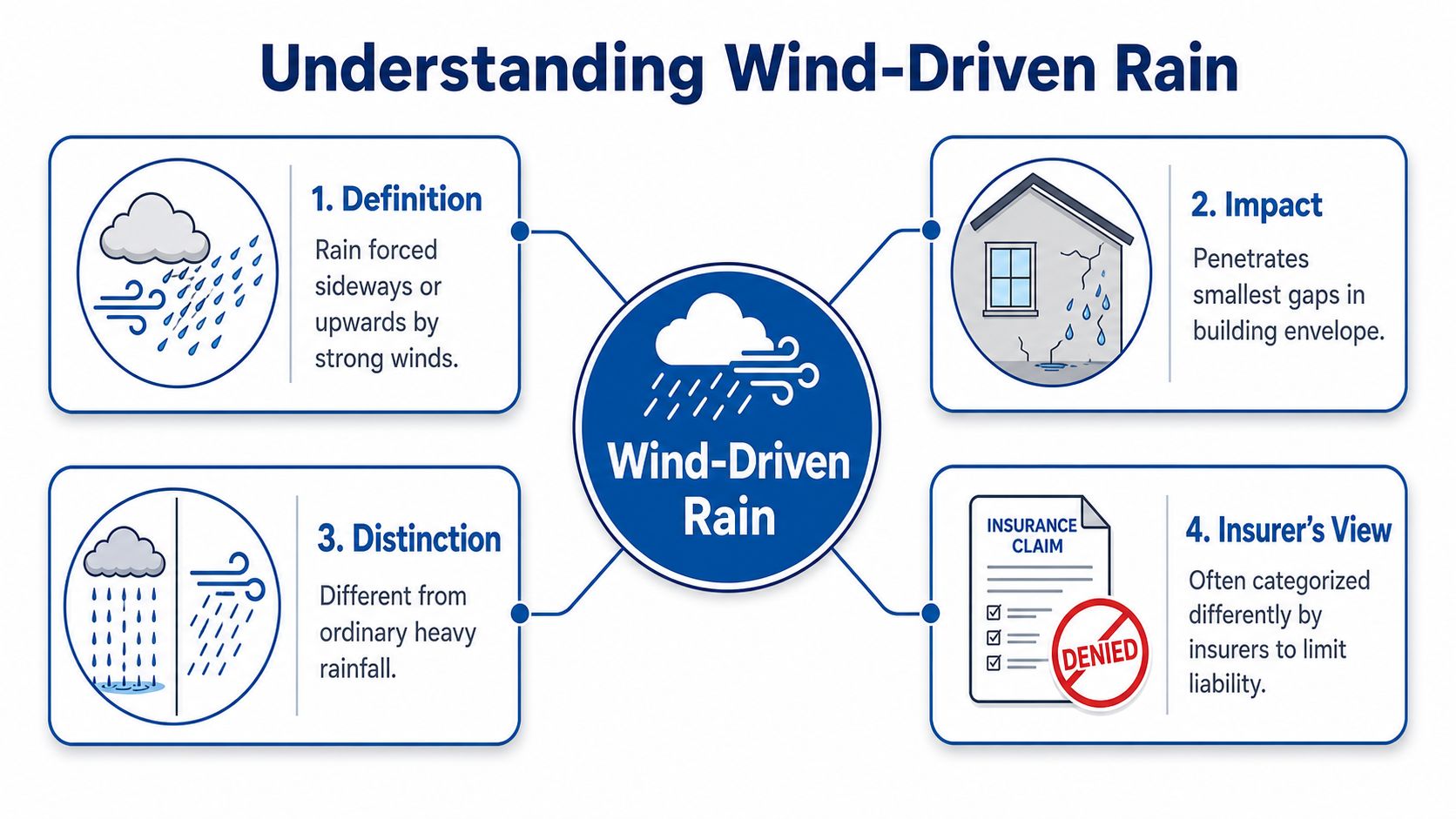 An infographic explaining the definition, impact, distinction, and insurance perspective regarding wind-driven rain damage.