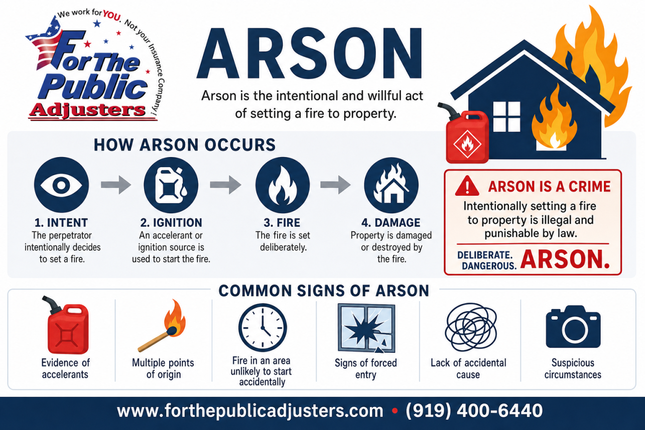 Arson Chapel Hill, NC Infographic — An arson homeowners claim is a fire damage claim that the insurance carrier has flagged as intentionally set. When that happens, the claim shifts from a routine.