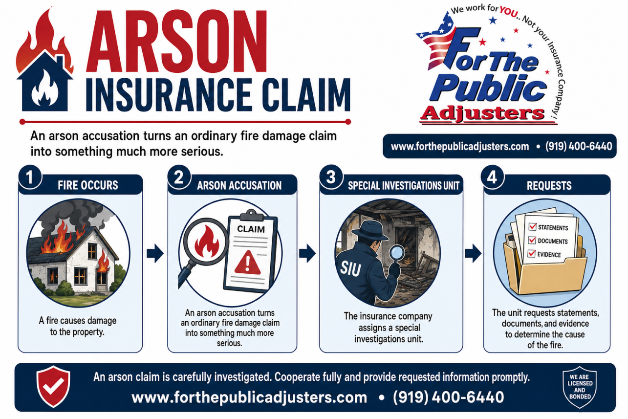 Arson Insurance Claim Pittsboro Infographic — An arson accusation turns an ordinary fire damage claim into something much more serious. The insurance company assigns a special investigations unit, requests.