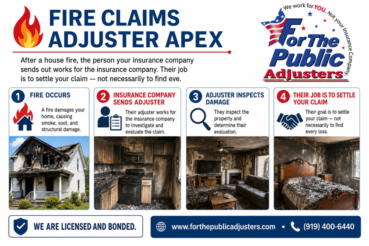 Fire Claims Adjuster Apex, NC Infographic — After a house fire, the person your insurance company sends out works for the insurance company. Their job is to settle your claim — not necessarily to find eve.
