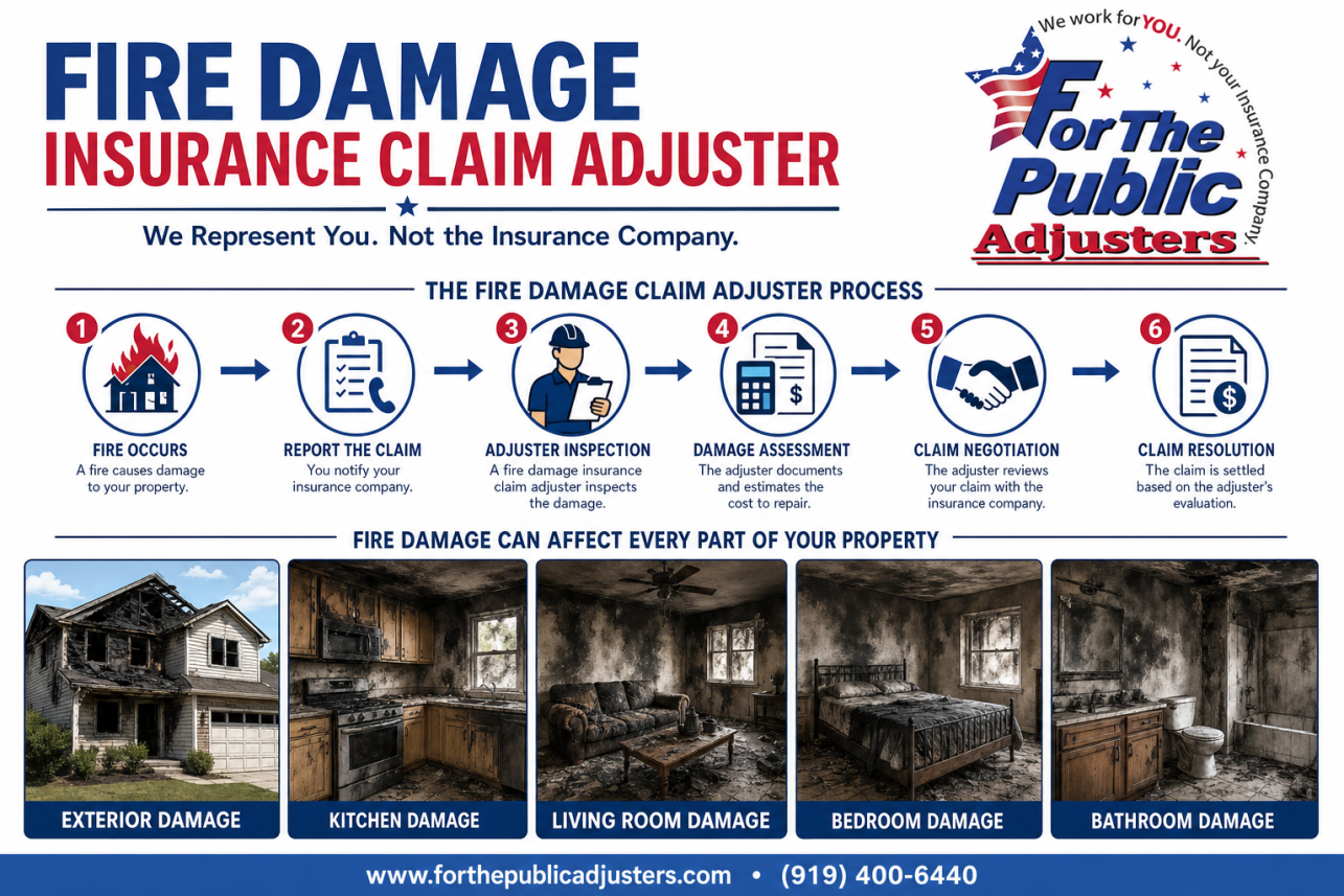 Fire Damage Insurance Claim Adjuster Clayton Infographic — After a fire, your insurance company sends its own adjuster to estimate your loss. That adjuster is paid by the insurer. A public adjuster is the opposite: a li.