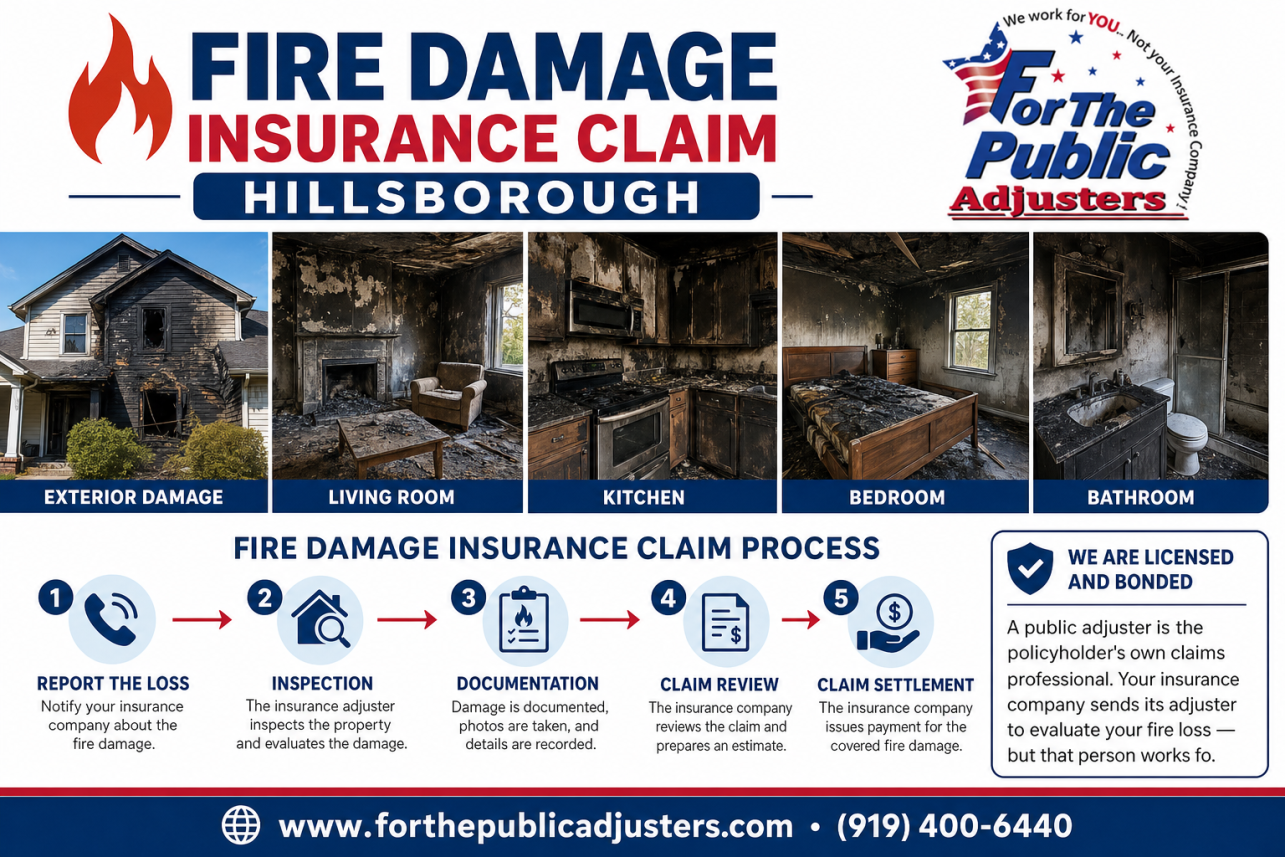 Fire Damage Insurance Claim Hillsborough Infographic — A public adjuster is the policyholder's own claims professional. Your insurance company sends its adjuster to evaluate your fire loss — but that person works fo.