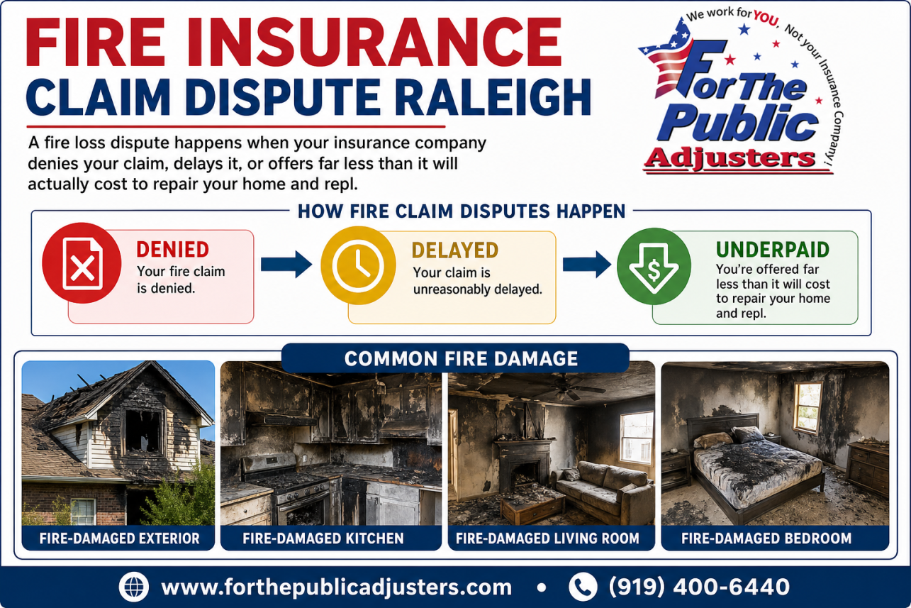 Fire Insurance Claim Dispute Raleigh Infographic — A fire loss dispute happens when your insurance company denies your claim, delays it, or offers far less than it will actually cost to repair your home and repl.