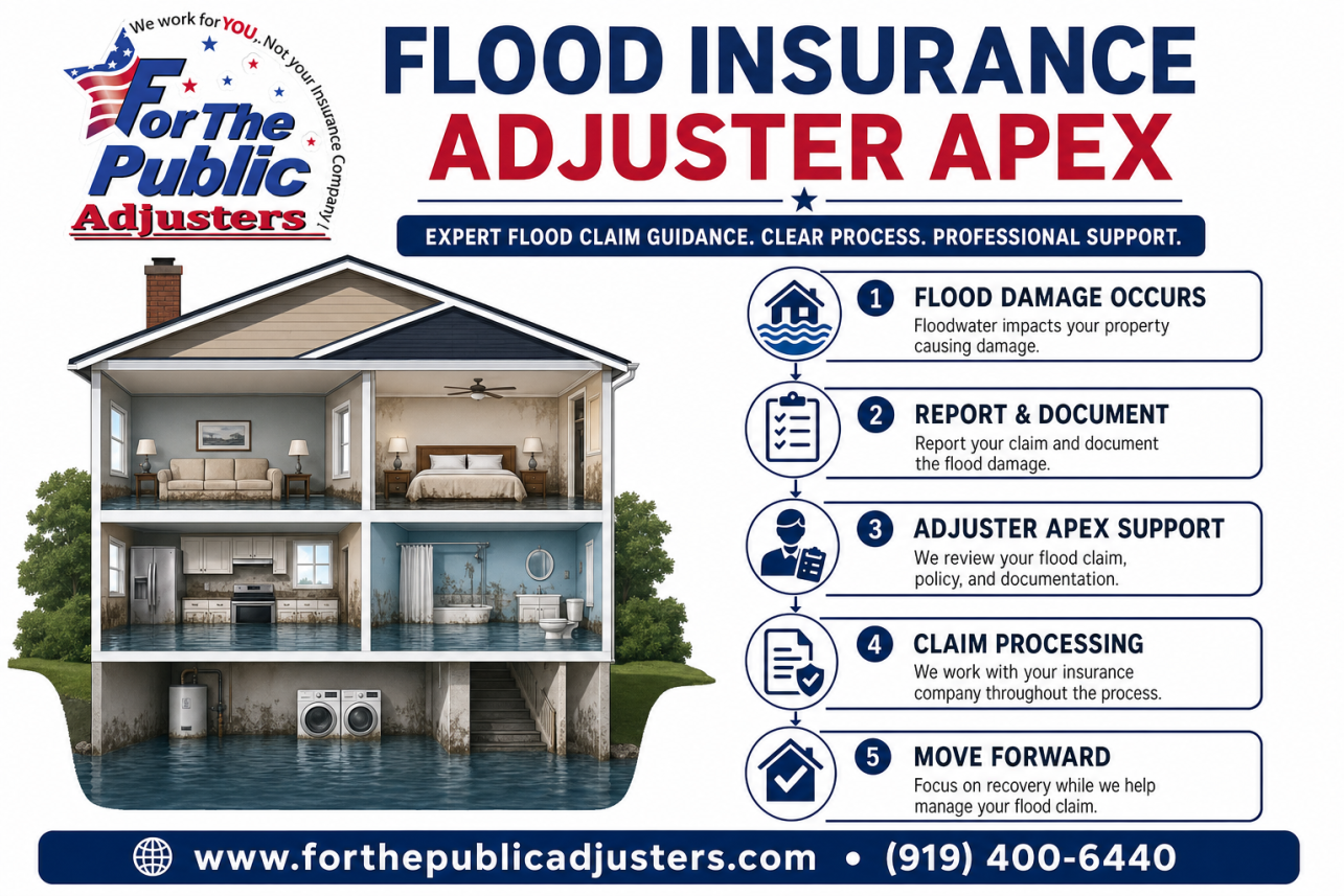 Flood Insurance Adjuster Apex Infographic — When floodwater gets into a house, most people assume their homeowners policy will respond. It usually won't — flood is excluded from standard homeowners covera.