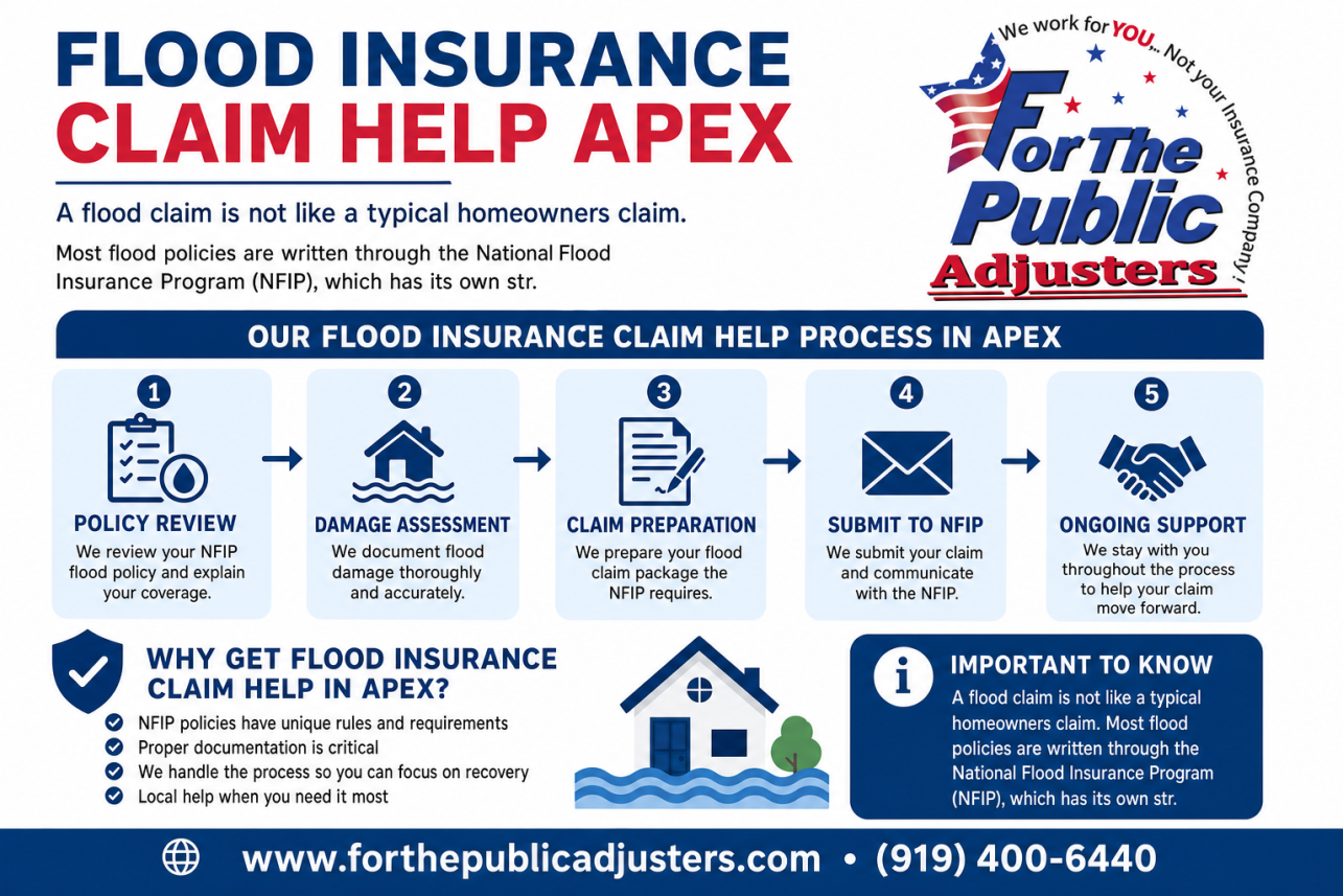 Flood Insurance Claim Help Apex Infographic — A flood claim is not like a typical homeowners claim. Most flood policies are written through the National Flood Insurance Program (NFIP), which has its own str.
