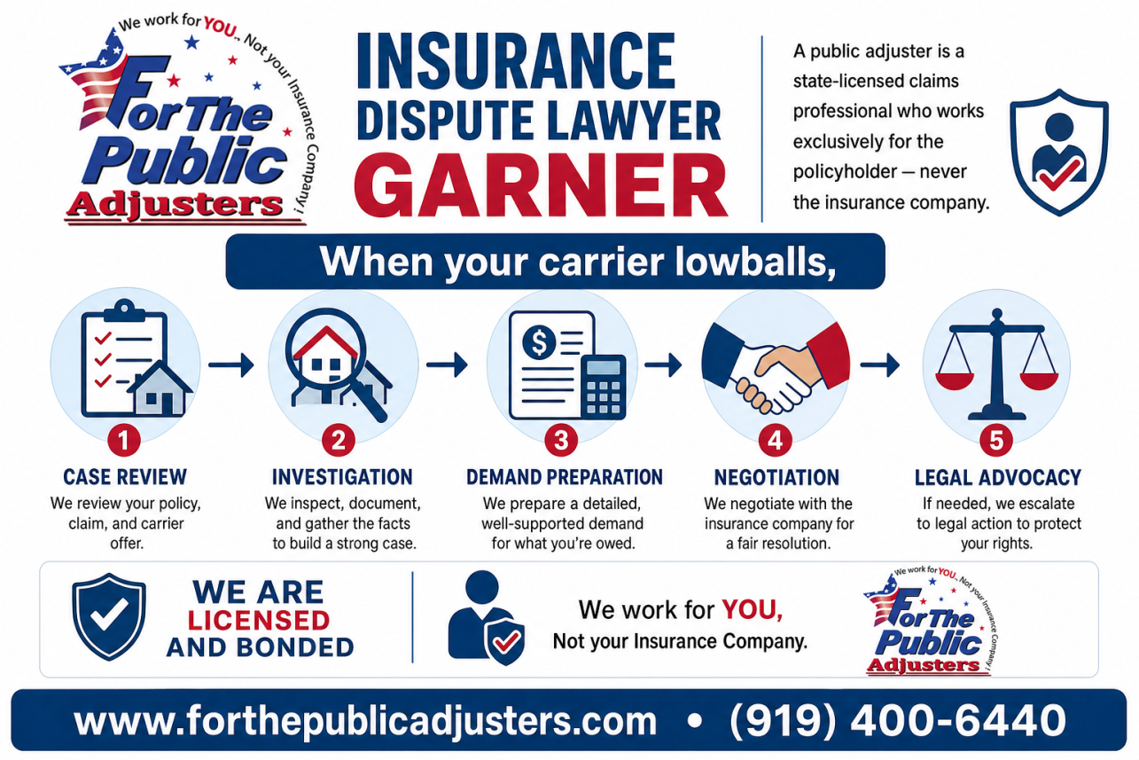 Insurance Dispute Lawyer Garner Infographic — A public adjuster is a state-licensed claims professional who works exclusively for the policyholder — never the insurance company. When your carrier lowballs,.