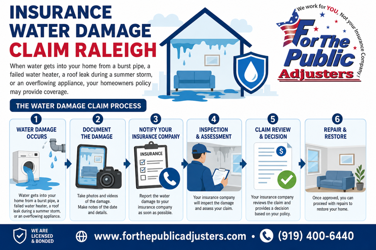 Insurance Water Damage Claim Raleigh Infographic — When water gets into your home from a burst pipe, a failed water heater, a roof leak during a summer storm, or an overflowing appliance, your homeowners policy.