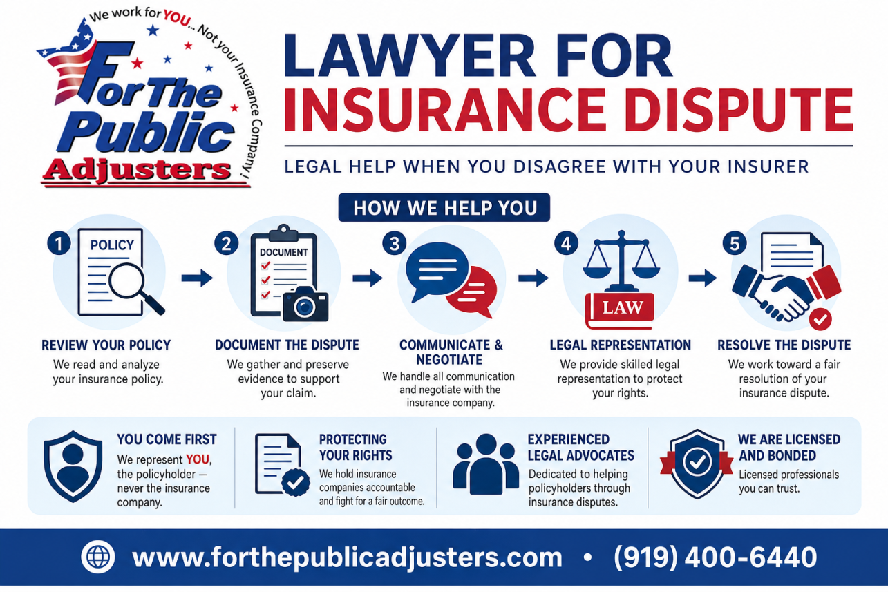 Lawyer For Insurance Dispute Knightdale Infographic — A public adjuster is a state-licensed claims professional who represents you, the policyholder — never the insurance company. We read your policy, document the.