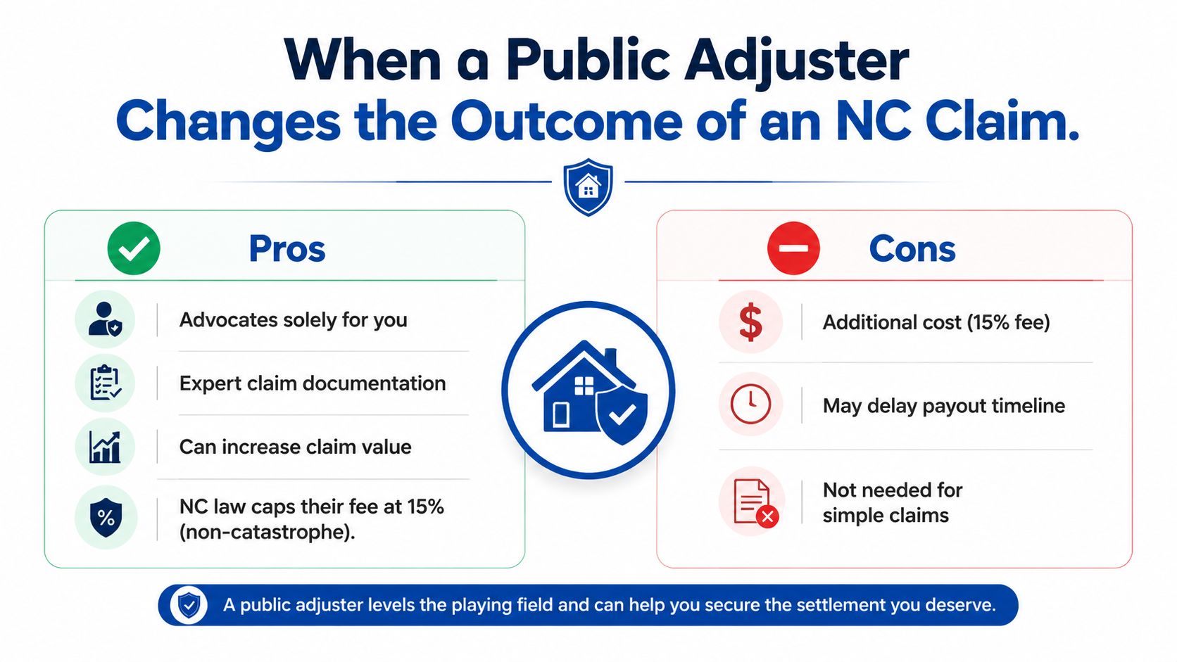 A comparison chart outlining the pros and cons of using a public adjuster for North Carolina insurance claims.