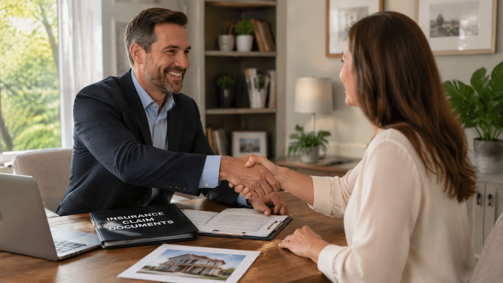 A professional insurance agent shaking hands with a client to confirm a personal property damage claim.
