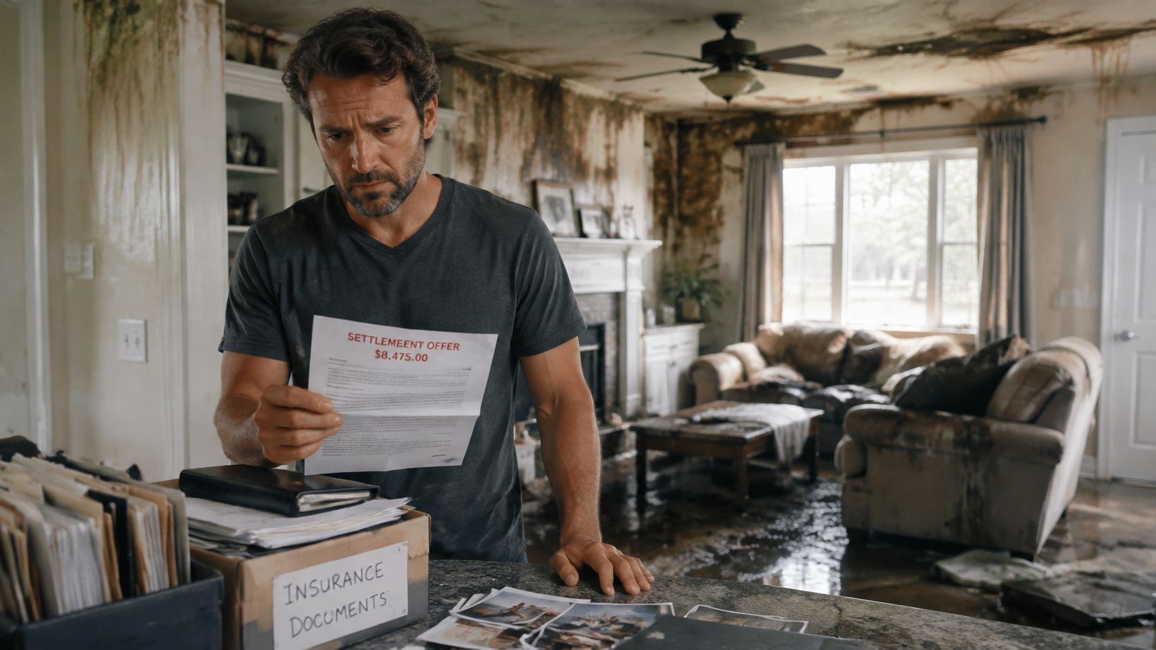 A distressed man reviews an insurance settlement offer in his living room severely damaged by water flooding.
