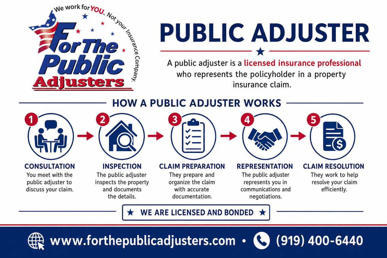 Public Adjuster Benson, NC Infographic — A public adjuster is a licensed insurance professional who represents the policyholder in a property insurance claim. When your home or business is damaged, the.