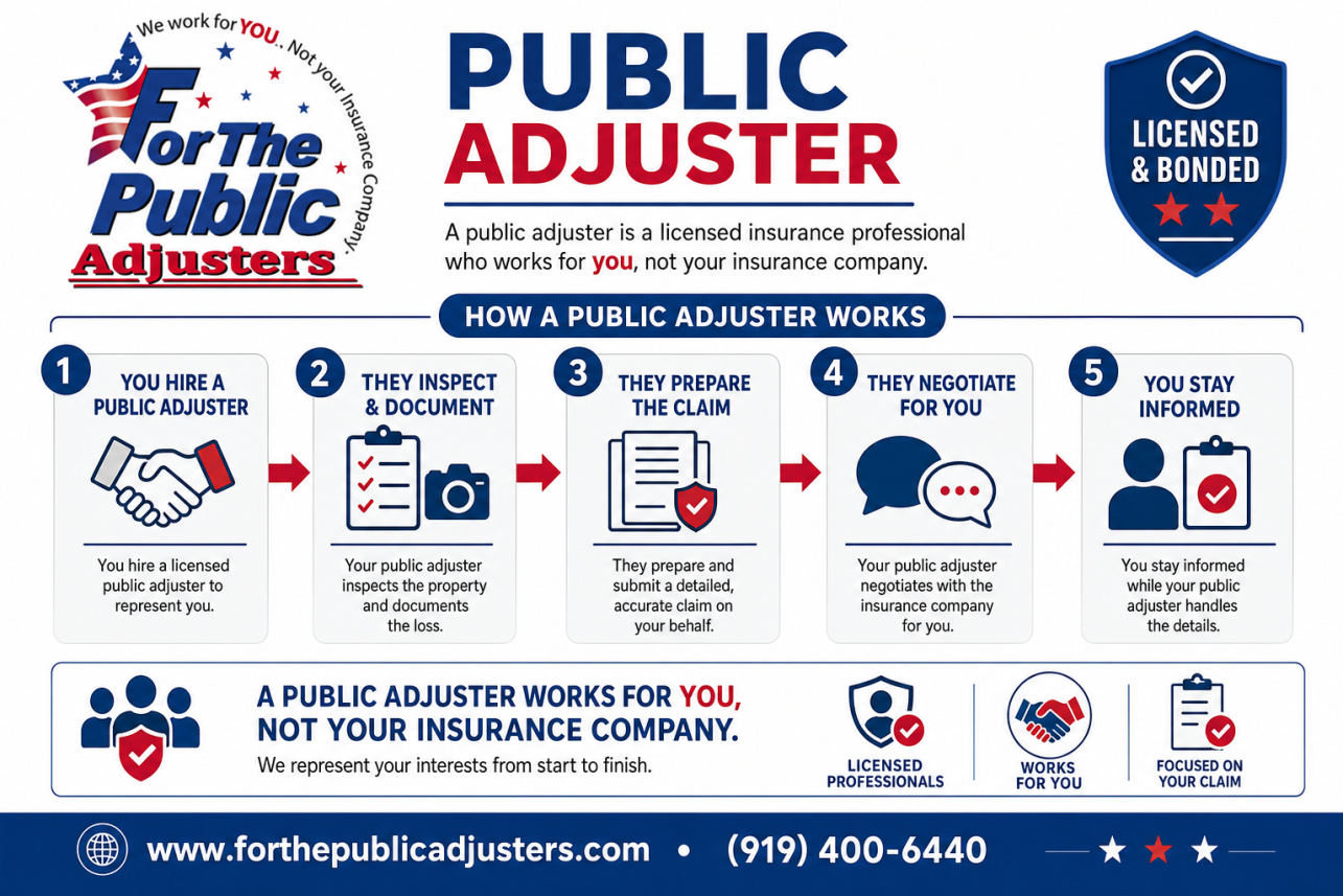 Public Adjuster Bynum, NC Infographic — When your home or building is damaged, your insurance company sends its own adjuster to assess the loss. That adjuster works for the carrier. A public adjuster.