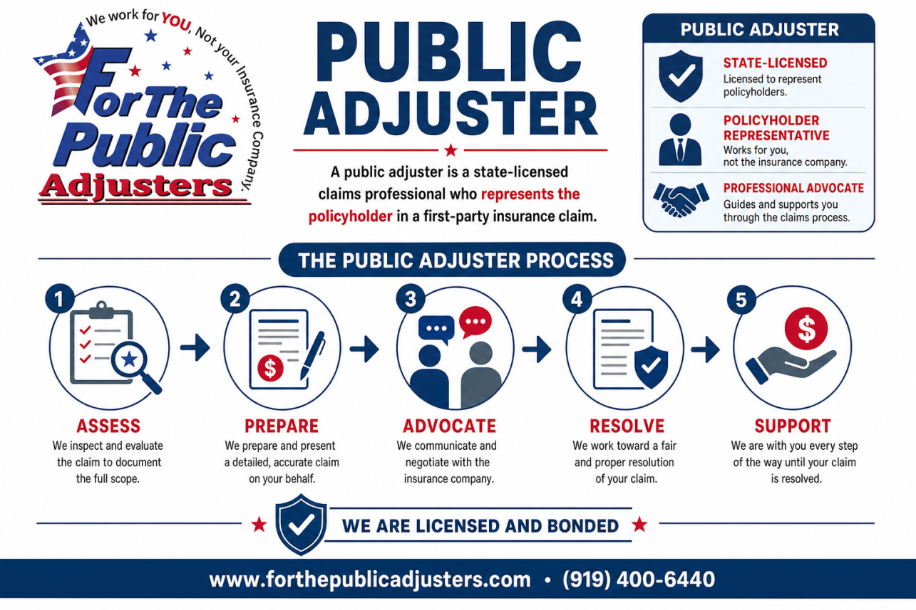 Public Adjuster Fearrington Village, NC Infographic — A public adjuster is a state-licensed claims professional who represents the policyholder in a first-party insurance claim. The adjuster the insurance company s.
