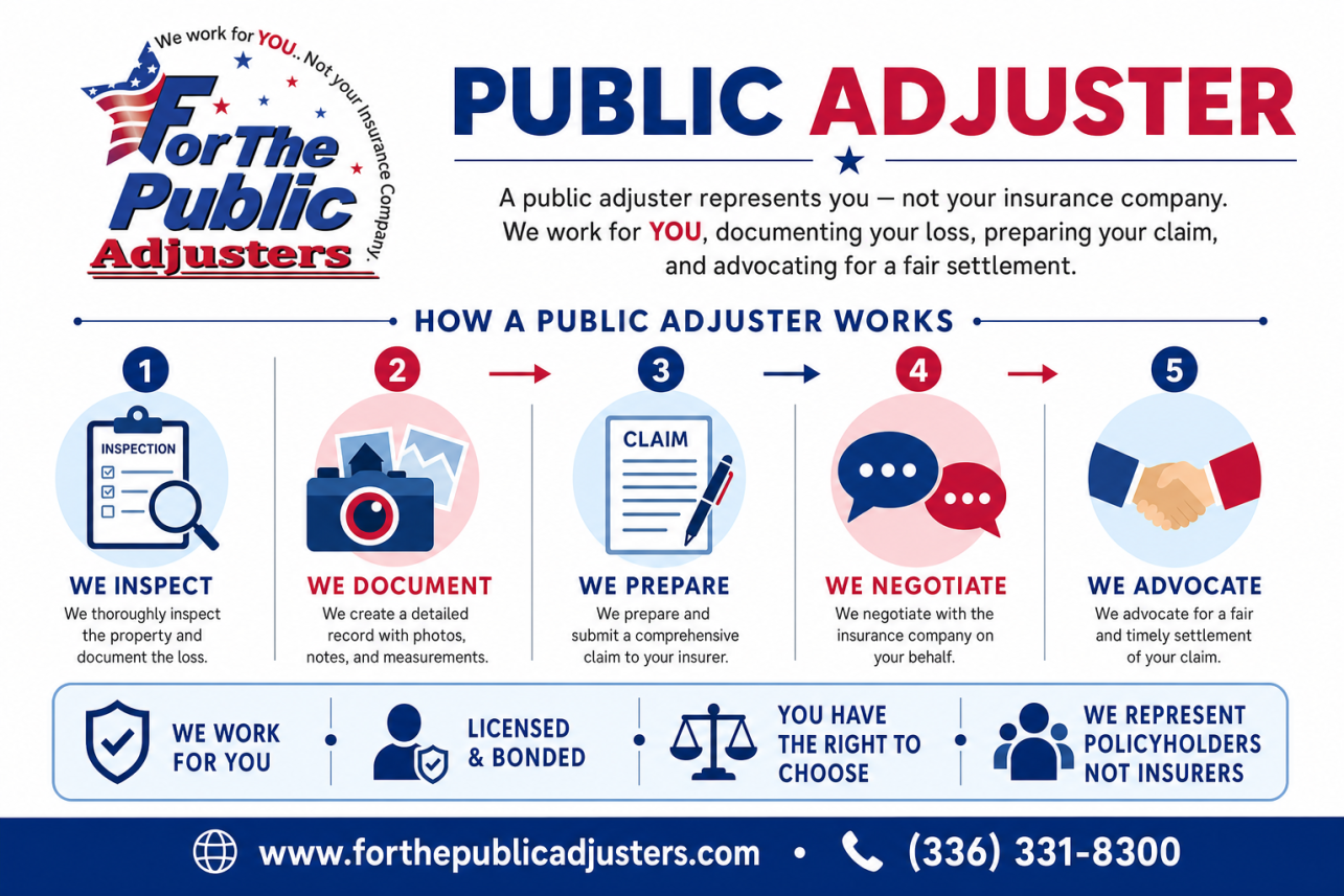 Public Adjuster Greensboro, NC Infographic — When your home or business is damaged, your insurance company sends its own adjuster to evaluate the loss. That adjuster is paid by the insurer. A public adjust.