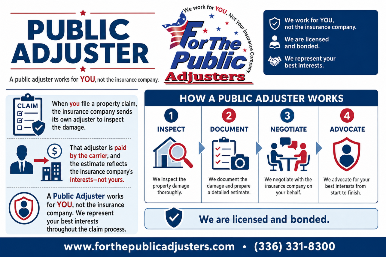 Public Adjuster High Point, NC Infographic — When you file a property claim, the insurance company sends its own adjuster to inspect the damage. That adjuster is paid by the carrier, and the estimate refle.