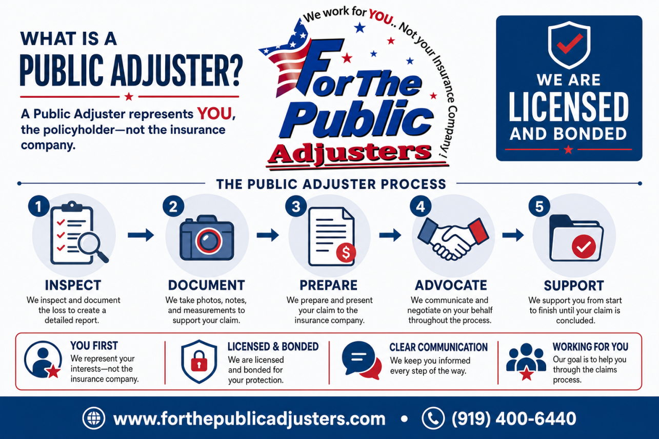 Public Adjuster Knightdale, NC Infographic — When a fire, burst pipe, fallen tree, or storm damages your home or business, your insurance company sends its own adjuster to assess the loss. That adjuster is.