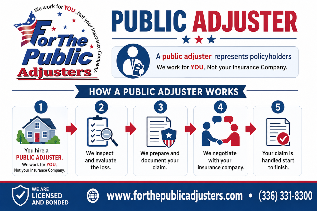 Public Adjuster Mebane, NC Infographic — When a fire, burst pipe, fallen tree, or flood damages your property, your insurance company sends its own adjuster to assess the loss. That adjuster is paid by.