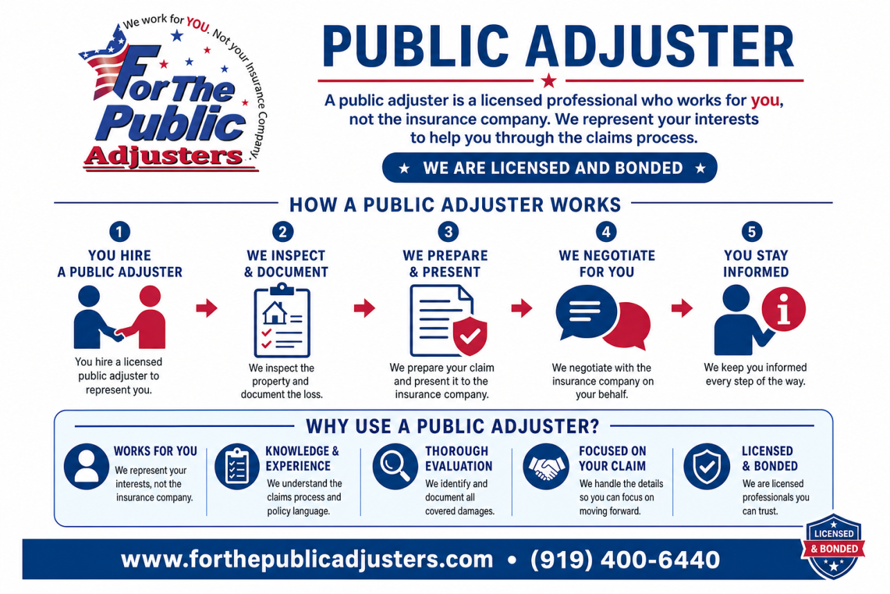 Public Adjuster Moncure Infographic — When your home or business is damaged, the insurance company sends its own adjuster to estimate the loss. That adjuster is paid by the insurer. A licensed publi.